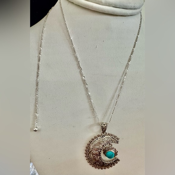 Genuine Blue Ridge Turquoise Crescent Moon SS Pendant on SS Chain Necklace NWT - Picture 6 of 12